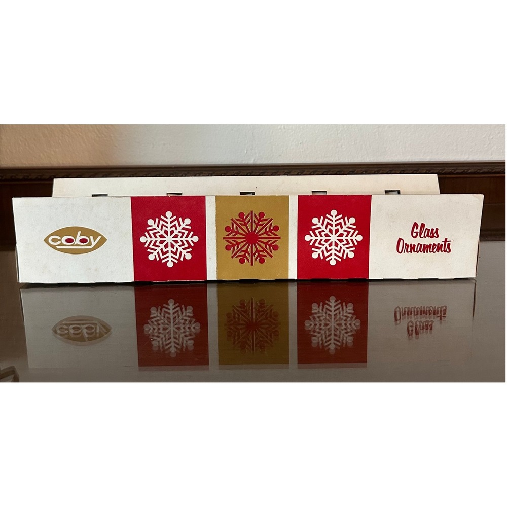 Vintage Coby Glass Products Co Ornament Box Empty Snowflake Red Gold Corning USA
